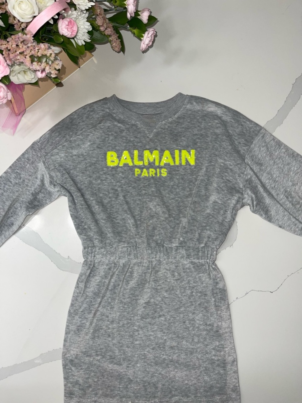 Balmain Gray Sweatshirt Dress with Neon Yellow Logo
